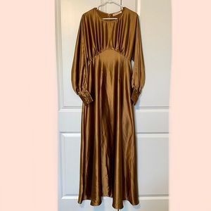 Niswa Fashion Brown Satin Long Sleeve Maxi Dress